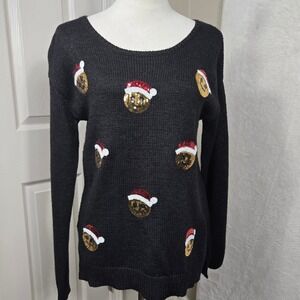 Justice Black‎ Christmas Sequin Smiley Face Santa Hat Sweater Girls Teen 18